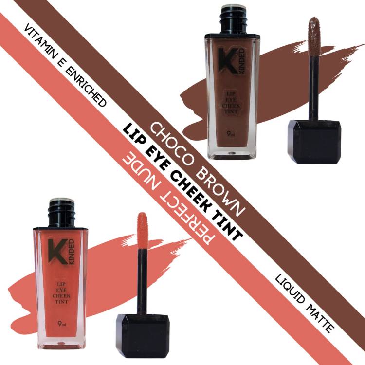 KINDED Lip Eye & Cheek Tint Combo Liquid Lip Color Choco Brown & Perfect Nude Lip Stain Price in India