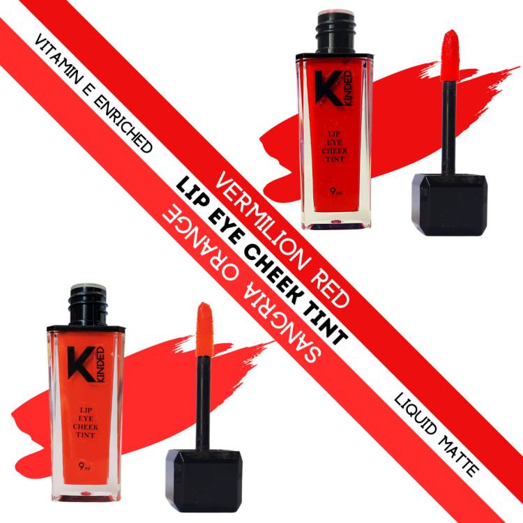KINDED Lip Eye & Cheek Tint Combo Liquid Lip Color Vermilion Red & Sangria Orange Lip Stain Price in India