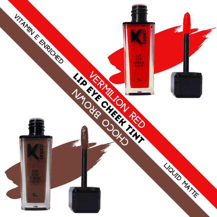 KINDED Lip Eye & Cheek Tint Combo Liquid Lip Color Vermilion Red & Choco Brown Lip Stain Price in India