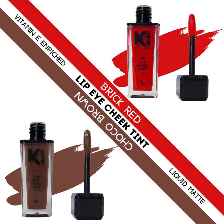 KINDED Lip Eye & Cheek Tint Combo Liquid Lip Color Brick Red & Choco Brown Lip Stain Price in India