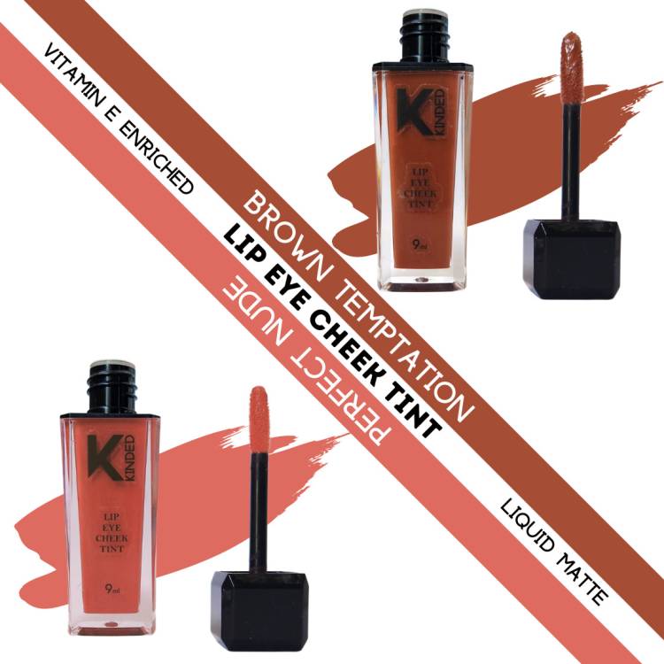 KINDED Lip Eye n Cheek Tint Combo Liquid Lip Color Brown Temptation & Perfect Nude Lip Stain Price in India