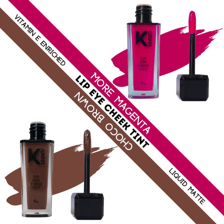 KINDED Lip Eye & Cheek Tint Combo Liquid Lip Colour More Magenta & Choco Brown Lip Stain Price in India