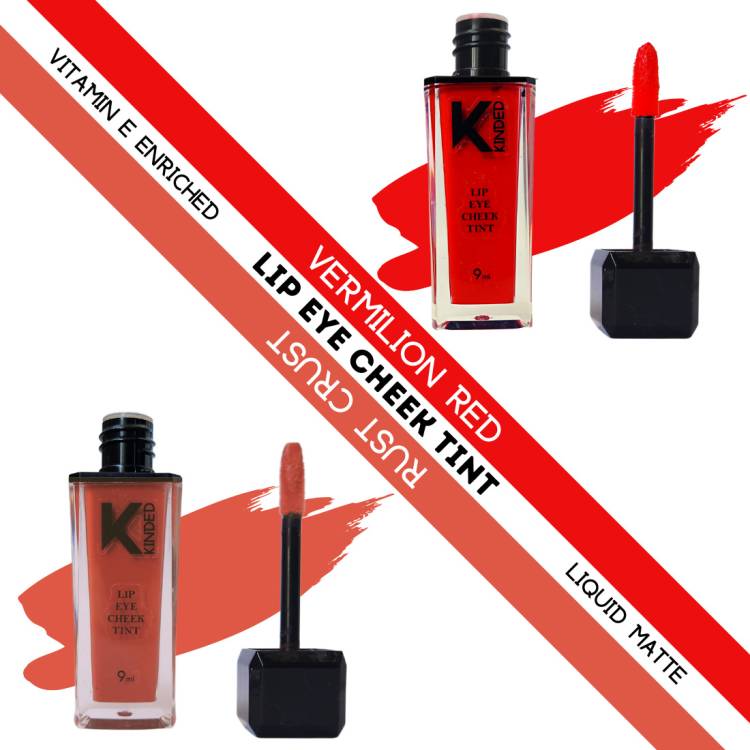 KINDED Lip Eye & Cheek Tint Combo Liquid Lip Color Vermilion Red & Rust Crust Lip Stain Price in India