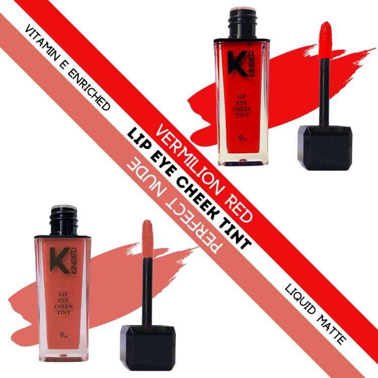 KINDED Lip Eye & Cheek Tint Combo Liquid Lip Color Vermilion Red & Perfect Nude Lip Stain Price in India