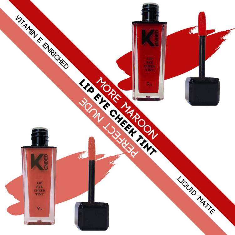 KINDED Lip Eye & Cheek Tint Combo Liquid Lip Colour More Maroon & Perfect Nude Lip Stain Price in India