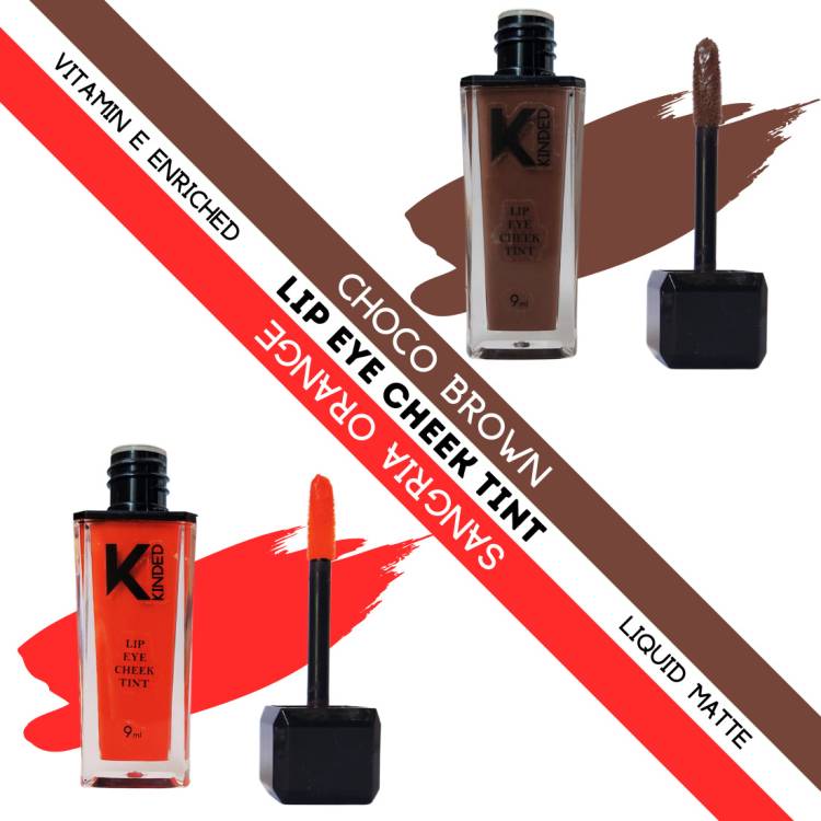 KINDED Lip Eye & Cheek Tint Combo Liquid Lip Color Choco Brown & Sangria Orange Lip Stain Price in India