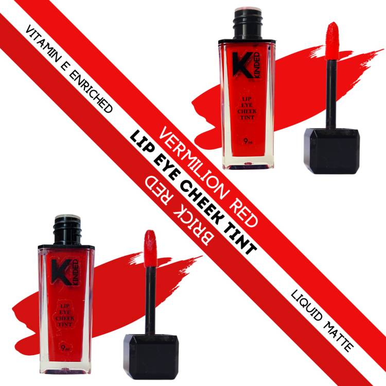 KINDED Lip Eye & Cheek Tint Combo Liquid Lip Color Vermilion Red & Brick Red Lip Stain Price in India