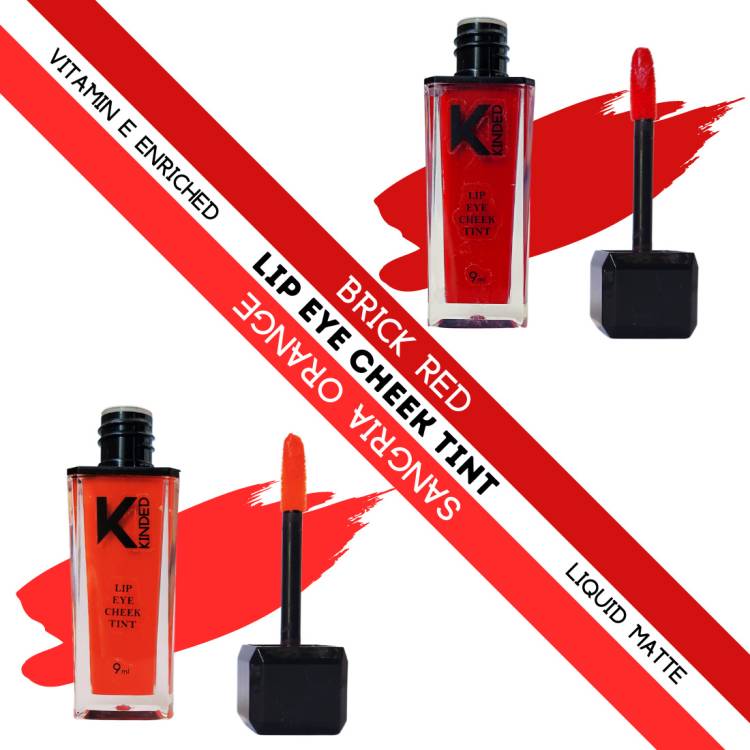 KINDED Lip Eye & Cheek Tint Combo Liquid Lip Color Brick Red & Sangria Orange Lip Stain Price in India