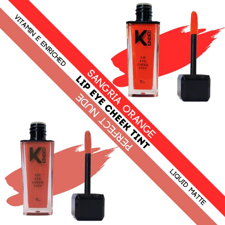 KINDED Lip Eye & Cheek Tint Combo Liquid Lip Color Sangria Orange & Perfect Nude Lip Stain Price in India