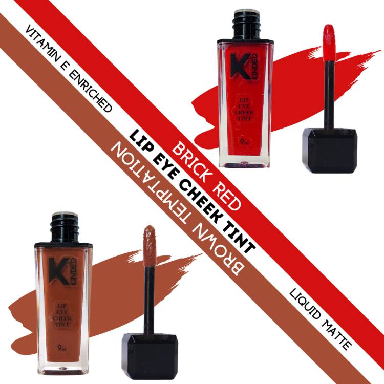 KINDED Lip Eye & Cheek Tint Combo Liquid Lip Color Brick Red & Brown Temptation Lip Stain Price in India