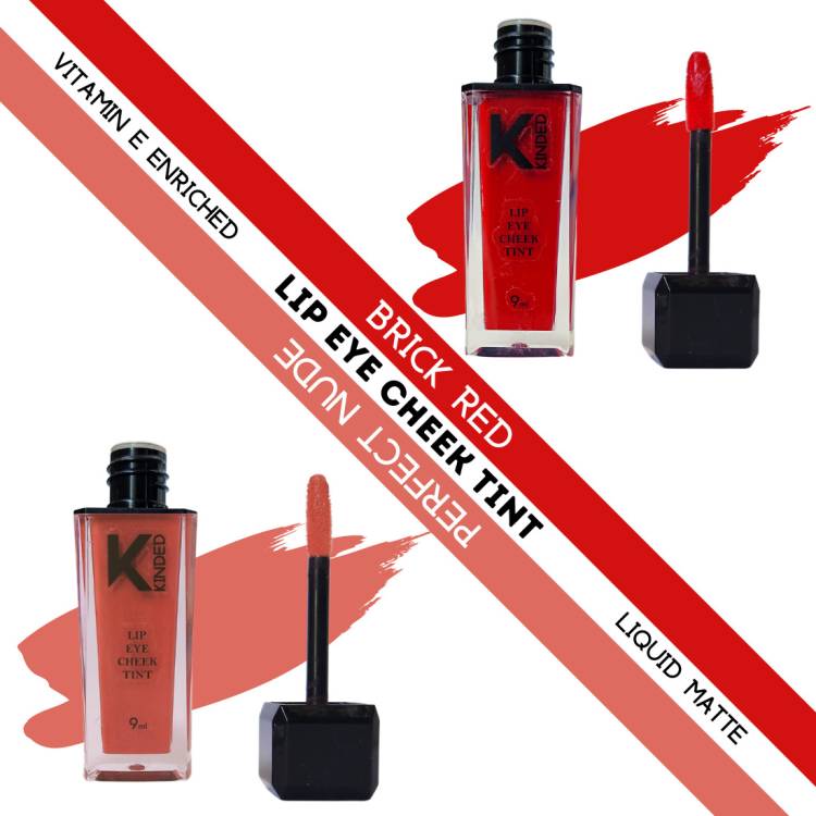 KINDED Lip Eye & Cheek Tint Combo Liquid Lip Color Brick Red & Perfect Nude Lip Stain Price in India