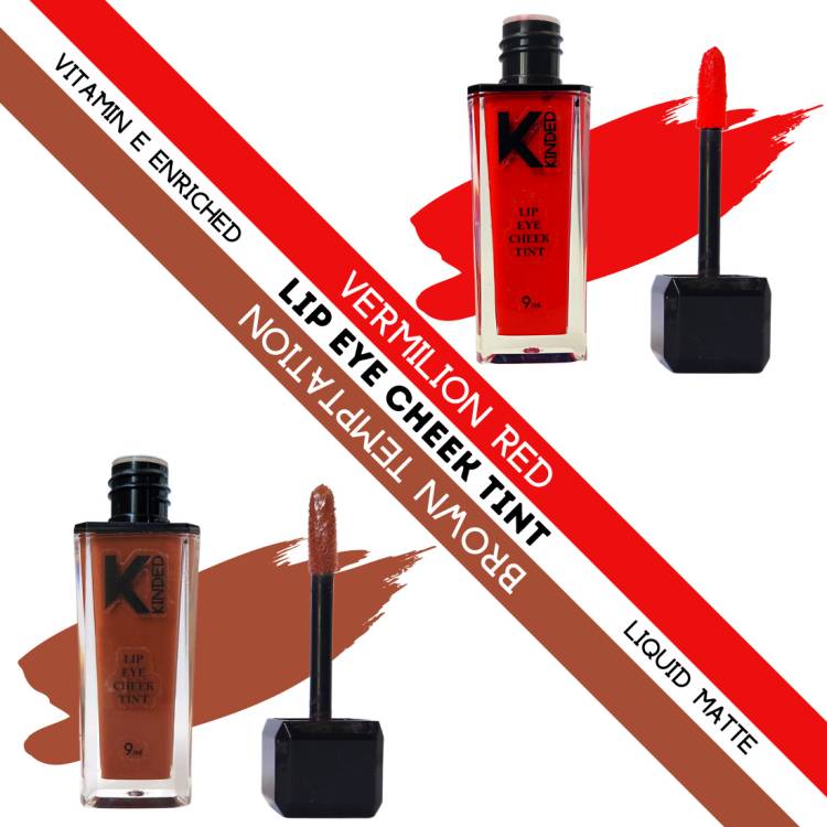 KINDED Lip Eye & Cheek Tint Combo Liquid Lip Color Vermilion Red & Brown Temptation Lip Stain Price in India