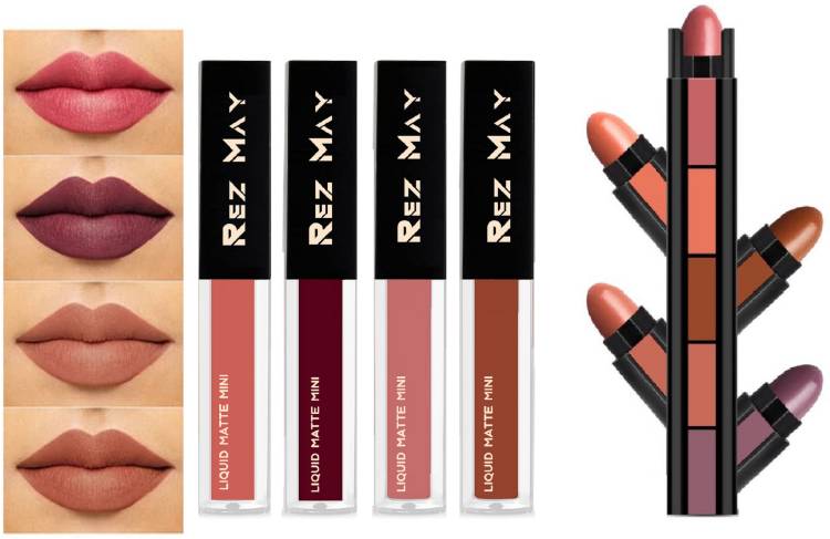 rezmay Beauty 4 Piece WaterProof Liquid Matte Combo Set Pack + 5 in 1 Lipstick Set Price in India