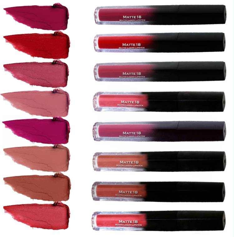 MATTE18 Liquid Matte Lipsticks Set of 8, 5ml each( Peach, Coral, Red, Pink, Caramel, Rose ) Price in India