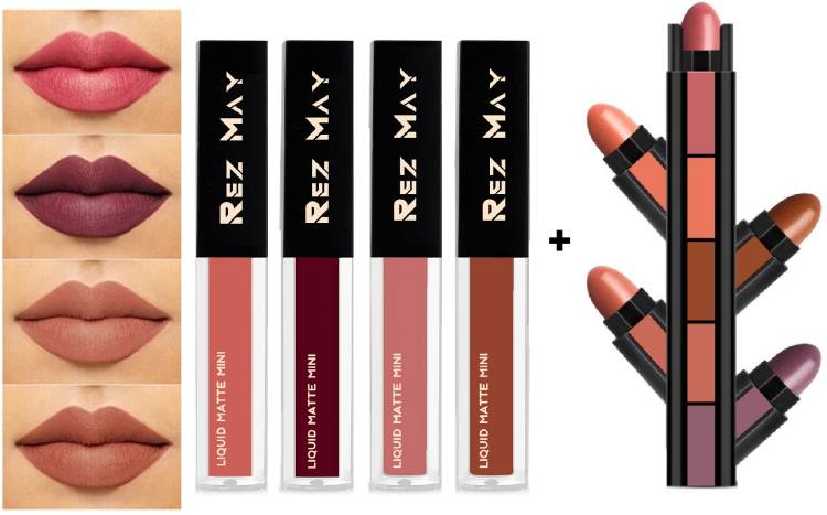 rezmay Beauty 4 Piece WaterProof Liquid Matte Combo Pack + 5 in 1 Lipstick Set - B Price in India