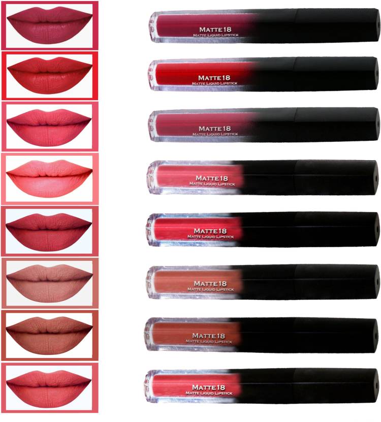 MATTE18 Liquid Matte Lipsticks Set of 8, 5ml each( Peach, Coral, Red, Pink, Caramel, Rose ) Price in India