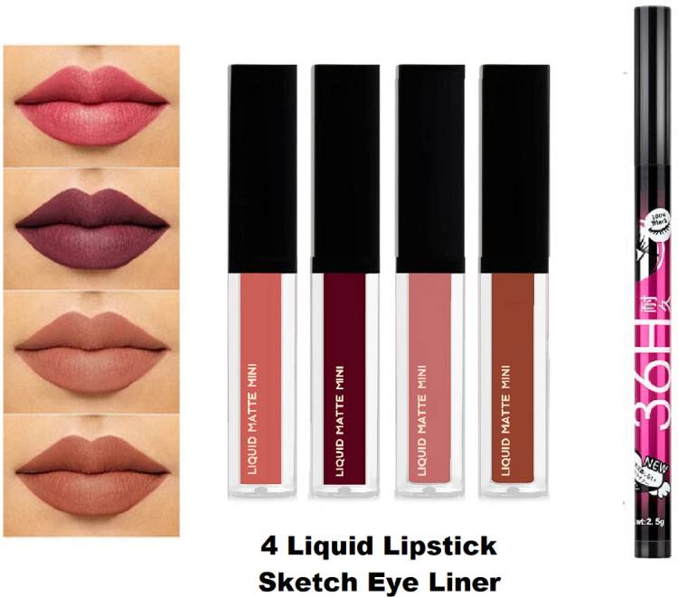 NYN HUDA Water Proof Liquid Matte Beauty Nude Lipstick 4 Pcs + Sketch EyeLiner Black Price in India