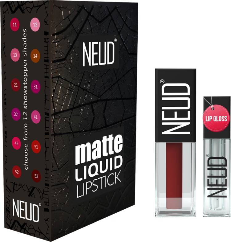 NEUD Matte Liquid Lipstick Red Kiss with Free Lip Gloss - 1 Pack Price in India