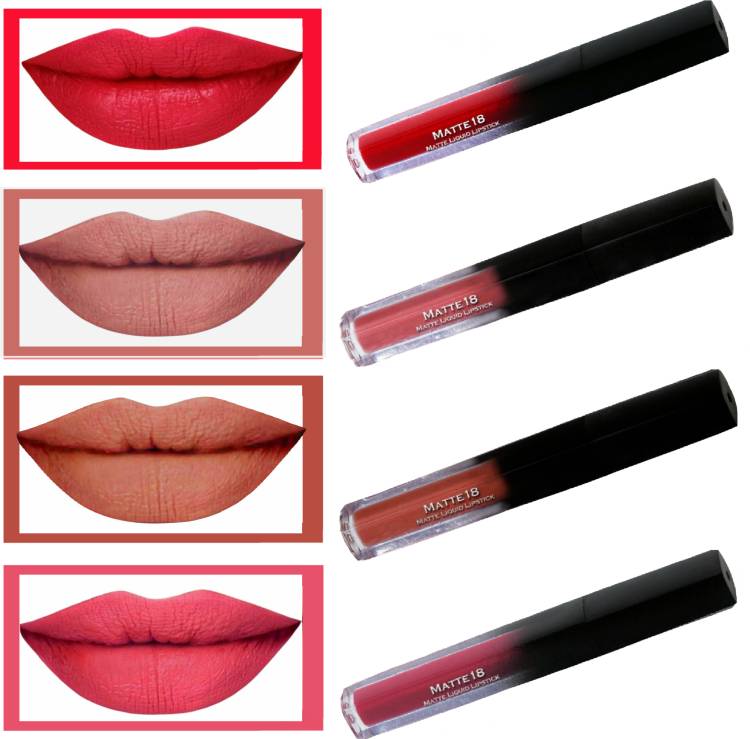 MATTE18 Liquid Matte Lipstick Liquid Lipstick Set , Waterproof Liquid Lipstick Set of 4 ( Multicolor, 20ml ) Red Matte , Pink Nude, Caramel Nude, Valentine Pink Price in India