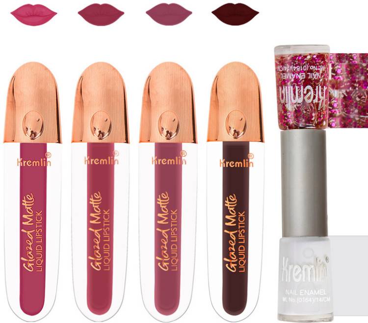 Kremlin Glazed Long Lasting Matte Lipstick Combo set of 5 With Nail Paint Price in India