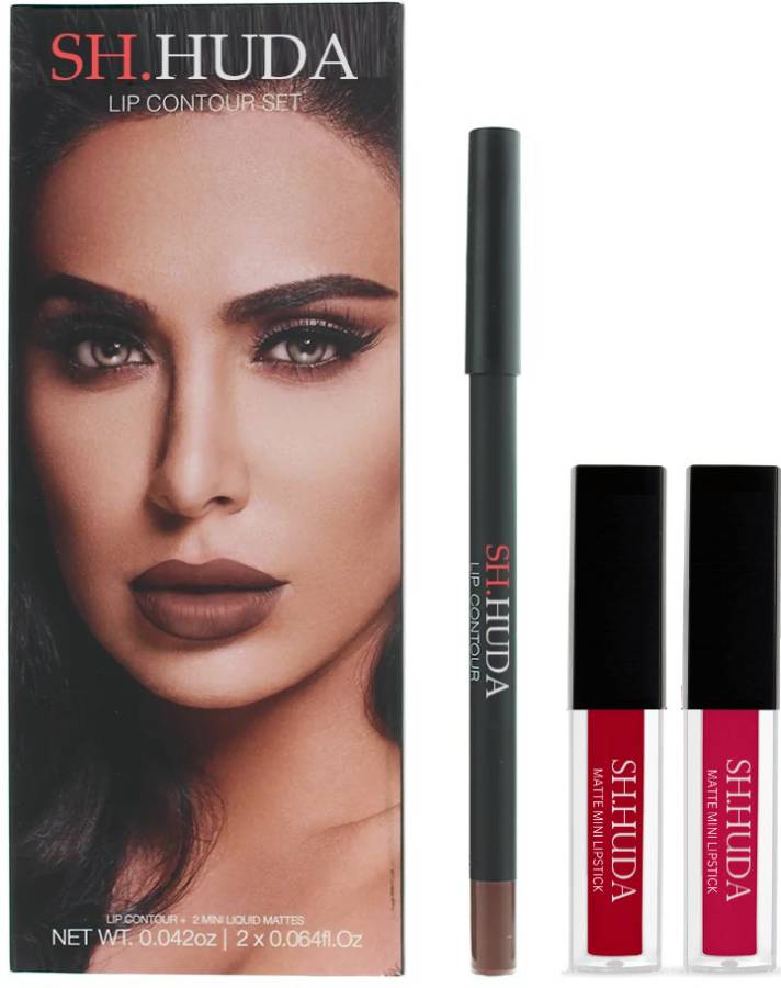 Sh.Huda Lip Beauty Contour Set-2Pcs Liquid Matte Lipsticks with 1Pcs Lip liner Pencil Price in India