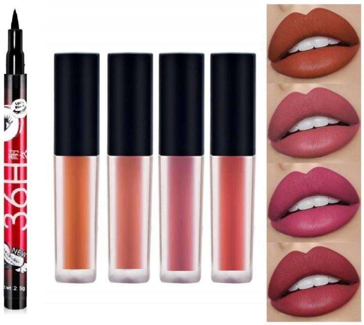 Dyegim Water proof Liquid Matte Beauty Nude Lipstick 4 Pcs + 36h Eyeliner Price in India