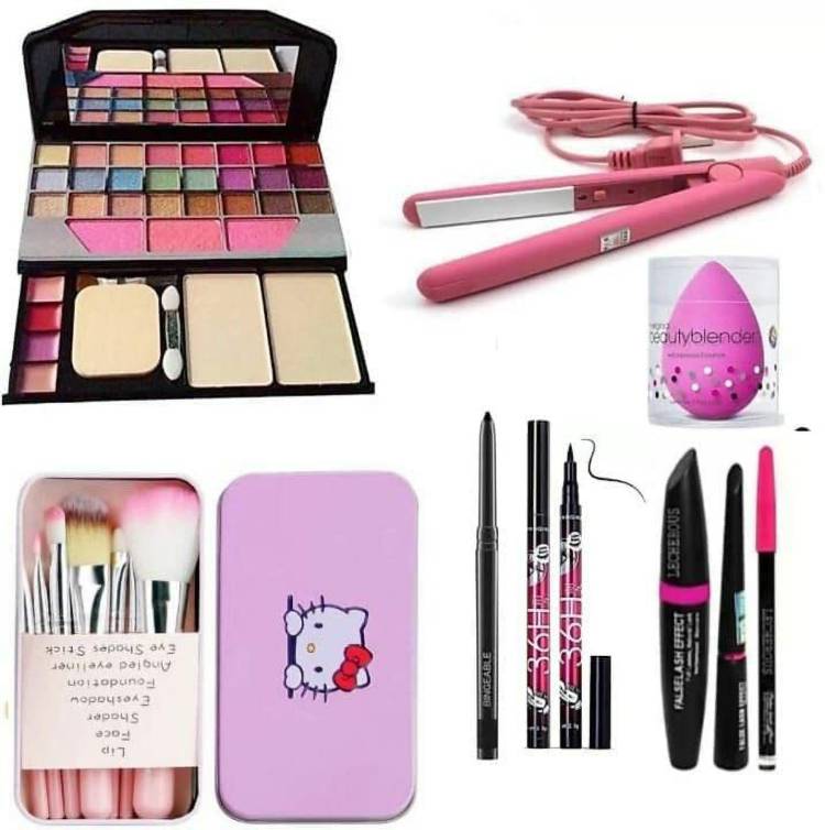 NewClick Makeup Kit, 7 Pink Brushes, Straightner, 36H Eyeliner, Mascara,Eyebrow Pencil Hair Straightener Price in India