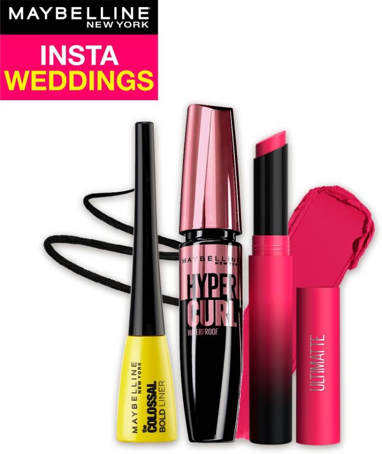 MAYBELLINE NEW YORK InstaWeddings Pack of 3-Ultimatte Lipstick,Colossal Bold Liner,Hypercurl Mascara Price in India