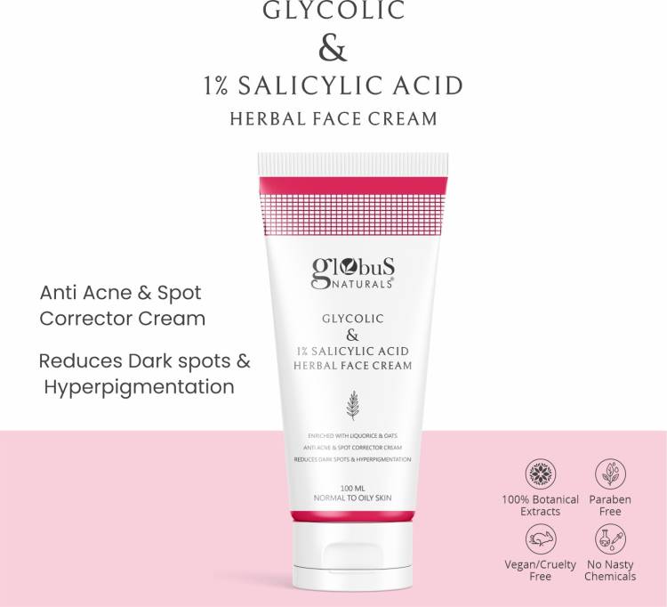 GLOBUS NATURALS Glycolic & 1% Salicylic Acid Herbal Anti Acne Face Cream, 100 ml Price in India