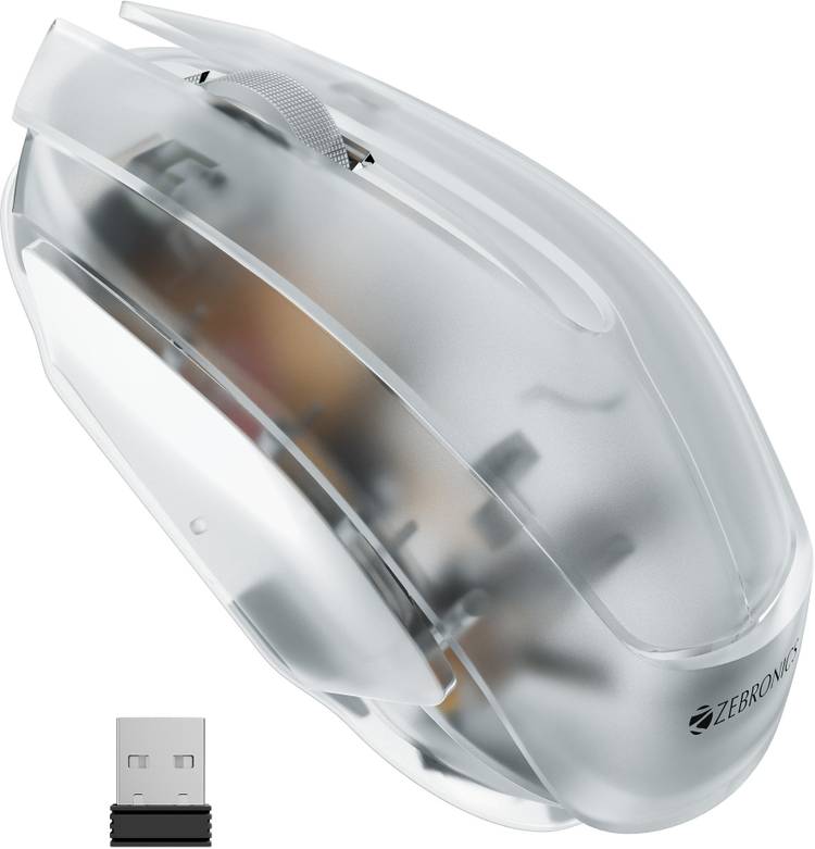 ZEBRONICS ZEB-CLEAR Wireless mouse , Nano receiver,3 Buttons, Transparent Body (WHITE) Wireless Optical Mouse