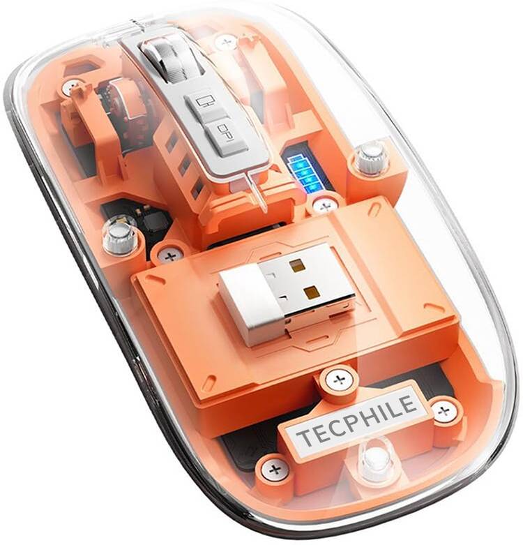 TECPHILE Transparent Bluetooth Wireless Mouse Three Mode (BT1+ BT2+ 2.4GHz USB Receiver) Wireless Optical  Gaming Mouse