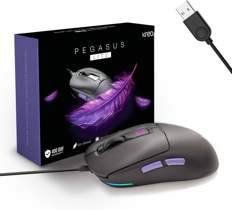 Kreo Pegasus 49 Gms Ultra Lightweight Wired Gaming Mouse, Top Sensor, RGB Lighting Wired Optical  Gaming Mouse