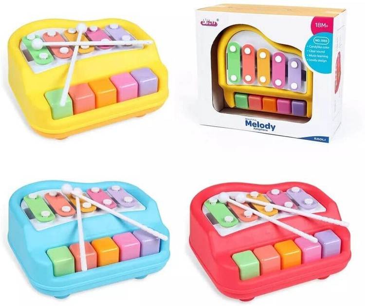 Toyporium Small 2 in 1 Musical Xylophone & Piano Toy for Kids with 5 Multicolored Keys 23