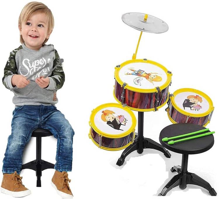 Prime Musical Drum Set with 3 Drums, 2 Drumsticks with 1 Chair/Stool Toy for Kids