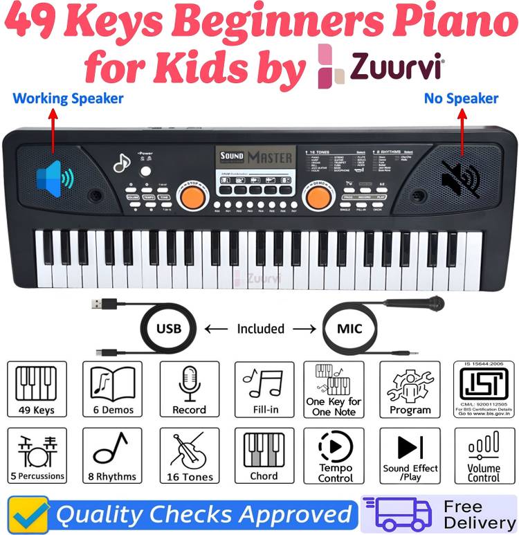 Zuurvi 49 Keys Musical Keyboard Piano for Kids | Direct DC Power Input | Tones & Record