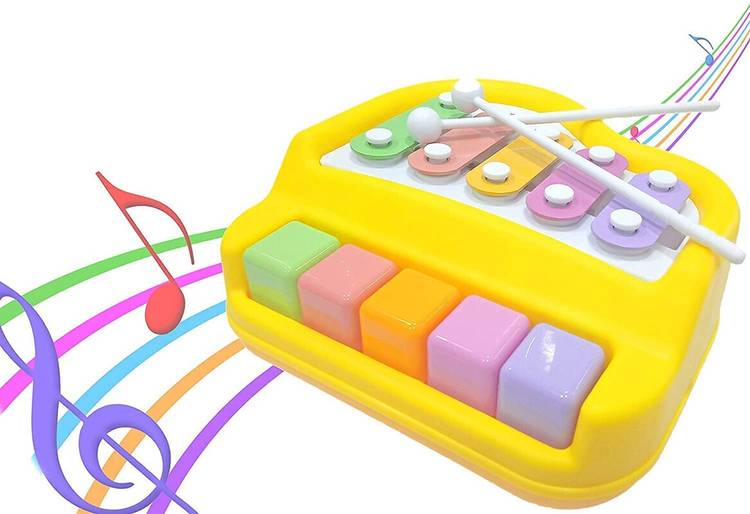 Toyporium Small 2 in 1 Musical Xylophone & Piano Toy for Kids with 5 Multicolored Keys 62