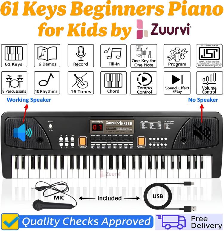 Zuurvi 61 Keys Musical Keyboard Piano for Kids | Direct DC Power Input | Tones & Record