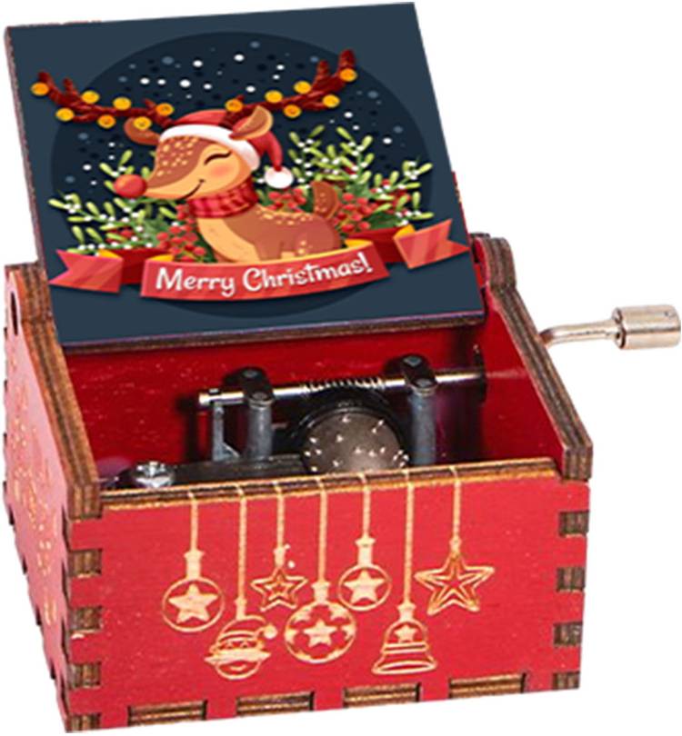 Fusked Wooden Hand Cranked Collectable Engraved Vintage Music Box - Merry Christmas Red