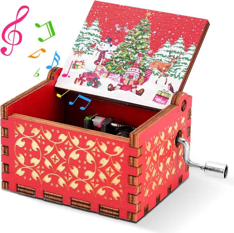 Rudrav Merry Christmas Wooden Hand Cranked Collectable Engraved Vintage Music Box- Red