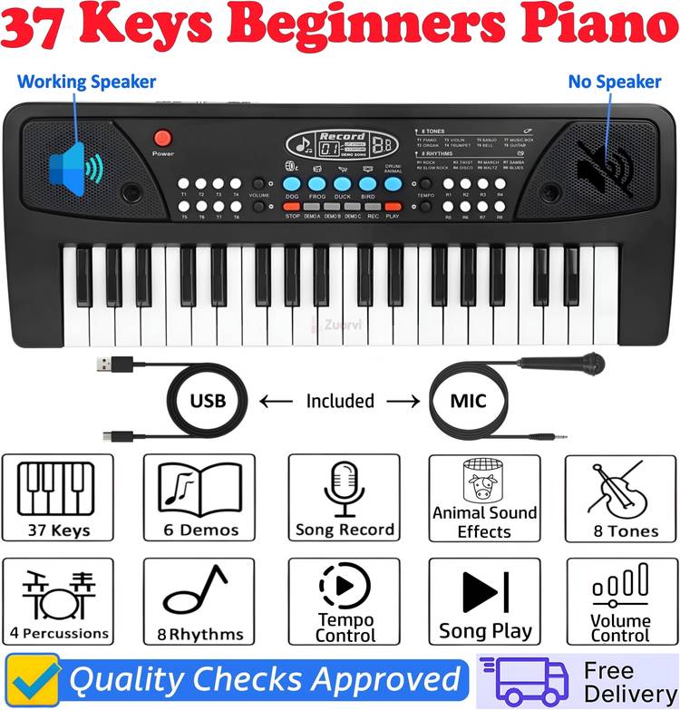 Zuurvi 37 Keys Musical Keyboard Piano for Kids | Direct DC Power Input | Tones & Record