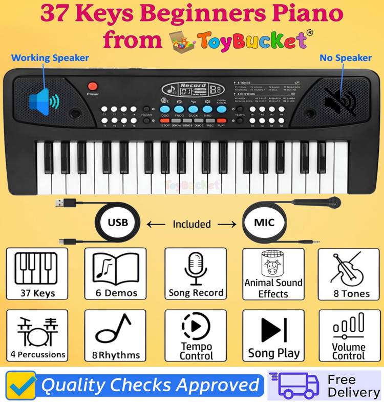 ToyBucket 37 Keys Piano Keyboard Toy for Kids | DC Power Option | Microphone & Recording