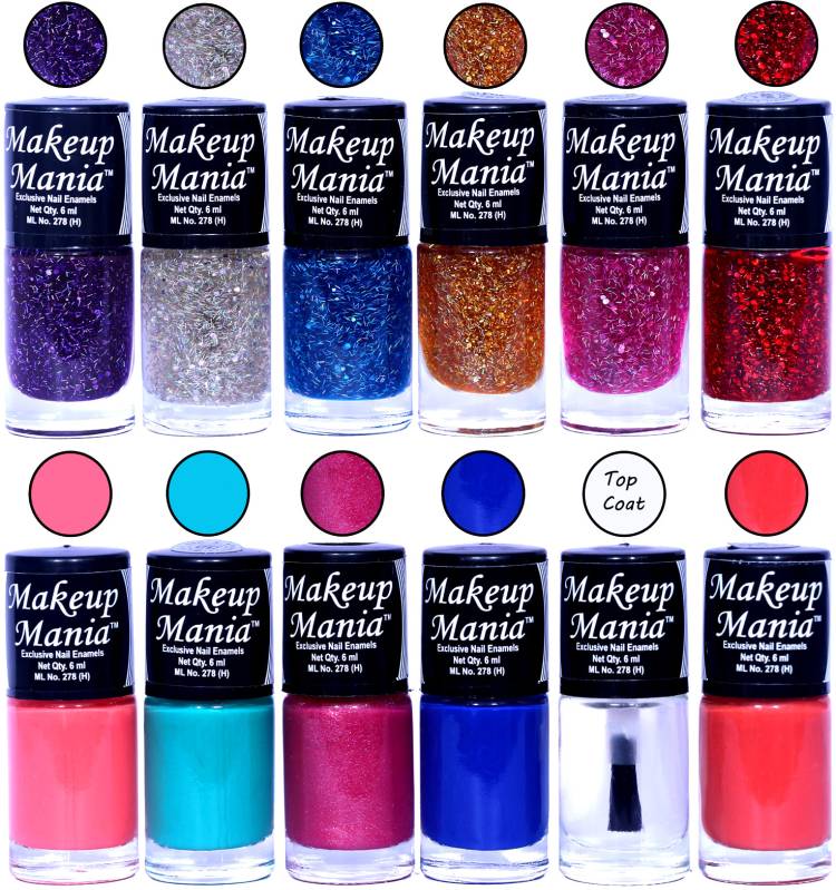 Makeup Mania HD Color Nail Polish Set of 12 Pcs (Combo MM-144) 6 Zari Shades, Light Pink, Turqoise, Blue, Top Coat, Coral Price in India