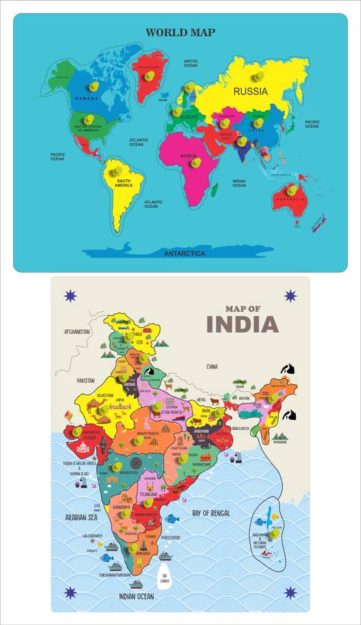 MECDOIT INTERNATIONAL Wooden India and World Map Educational Puzzle for Kids Pack of 02