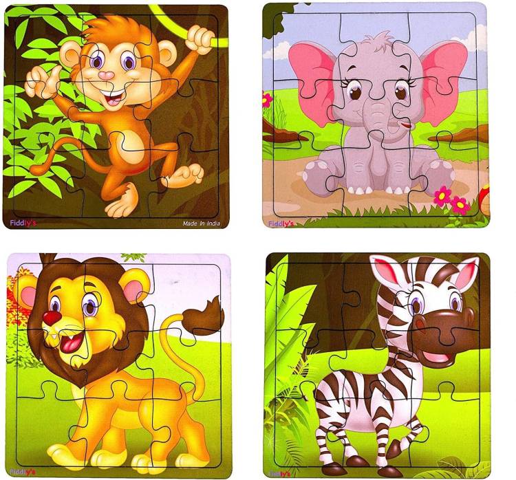 Fiddlys Wood Jigsaw Puzzles for Children - 9 Pieces (Pack of 4)