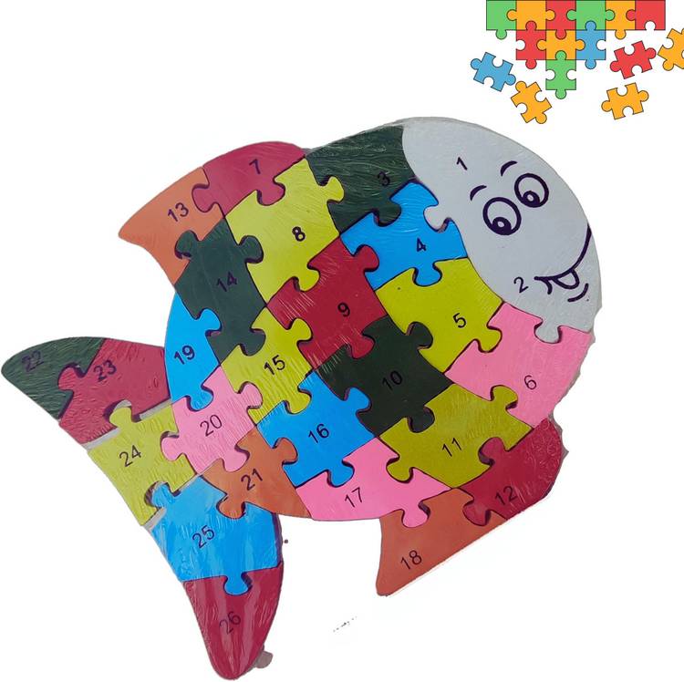 HAPYDOSE Kids Gift/Return Gift A-Z and 1-26 Wooden Fish 3D Puzzle with Goody Bag