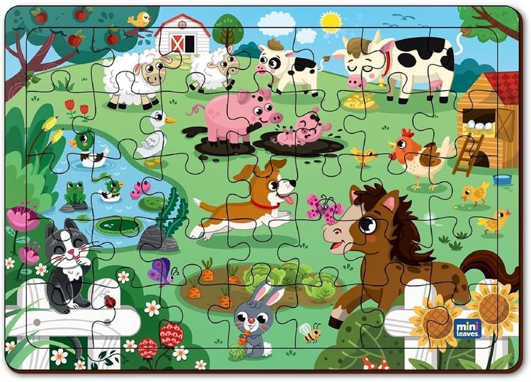 Minileaves Birthday Gift 4 to 6 Year Kids Farmyard Animal Wooden Jigsaw Puzzle