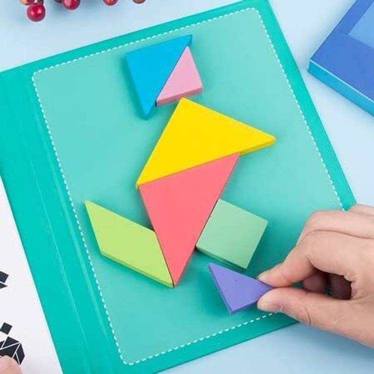 Happy Hues Travel Wooden Magnetic Tangram - 7 Piece Magnetic Pattern Block 96 Challenges