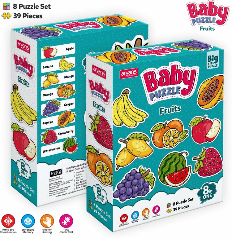 AryansEduworld Baby Puzzle Fruits Set of 8 Fruits 39 Pcs Puzzle Apple, Mango, Grapes 4+Yrs