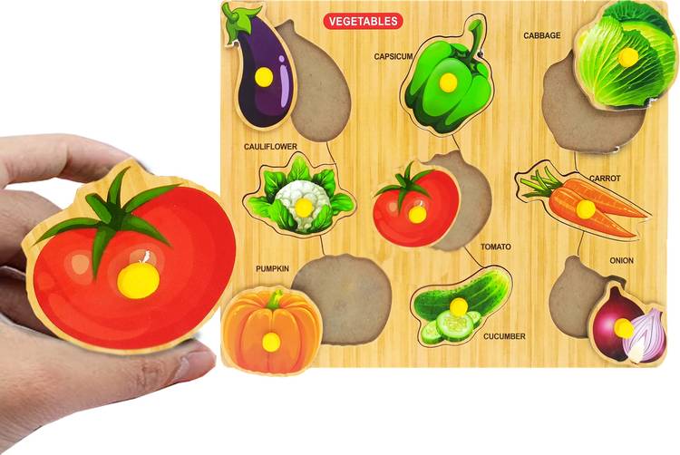 Eduway Wooden Vegetables with Picture Educational Board for Kids 8 Vegetables Knob, Early Educational Learning Wooden Puzzle Board for Kids, Children Boys & Girls