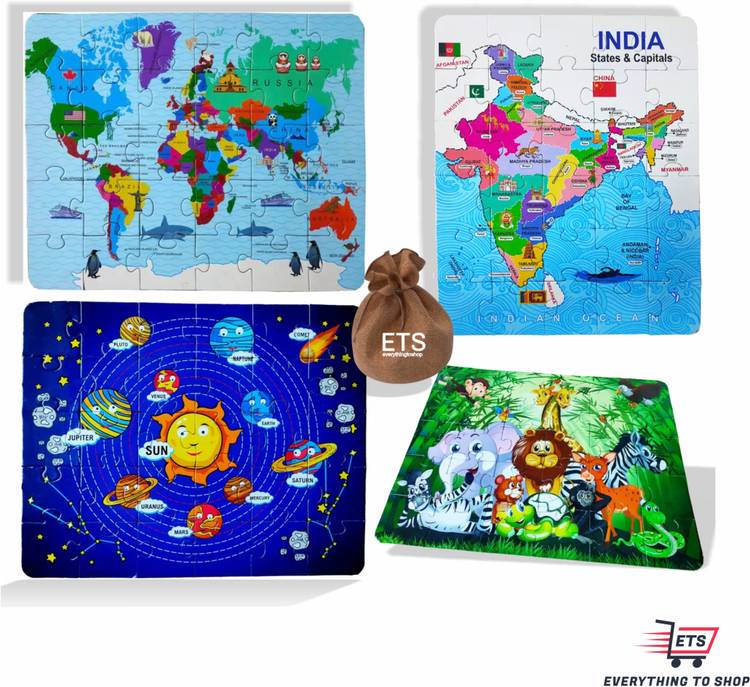 ETS 4in1 Jigsaw puzzle-Jute Potli, India Map, World Map, Solar, Jungle Puzzle